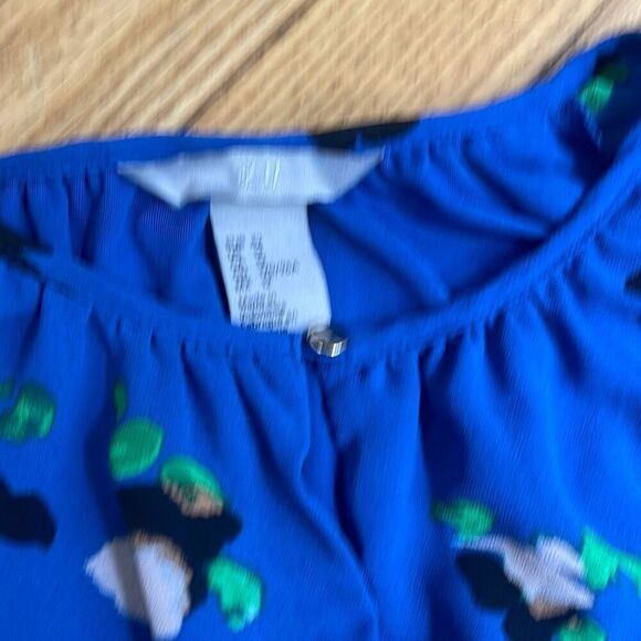 H&M Blue Floral Asymmetrical Midi Dress Size 12 Long Sleeve Drawstring Waist - Picture 5 of 6